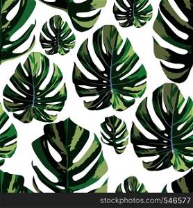 Tropical digital monstera leaves seamless vector pattern white background