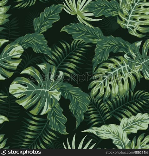 Tropical evening summer jungle leaves seamless pattern. Vector spring illustration