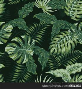 Tropical evening summer jungle leaves seamless pattern. Vector spring illustration