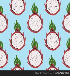 Tropical exotic background with dragon fruit. Summer seamless pattern with food. Fruit template for fabric, wallpaper and packaging vector illustration. Tropical exotic background with dragon fruit