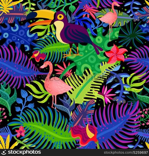 Tropical Exotic Colors Seamless Pattern . Tropical paradise exotic colorful seamless pattern with flamingo toucan birds and bright purple green foliage vector illustration