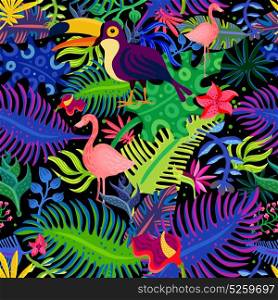 Tropical Exotic Colors Seamless Pattern . Tropical paradise exotic colorful seamless pattern with flamingo toucan birds and bright purple green foliage vector illustration