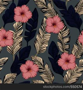 Tropical exotic composition of brown and blue banana leaves and pink hibiscus flowers seamless pattern on the gray vector backgorund