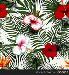 Tropical exotic flowers bird of paradise and white, red hibiscus, green plants seamless vector pattern on the white background