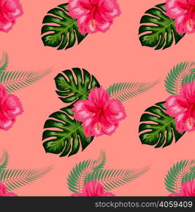 Tropical exotic flowers hibiscus, frangipani plumeria and palm, banana leaves composition. seamless pattern. Seamless pattern with tropical leaves, hibiscus flowers