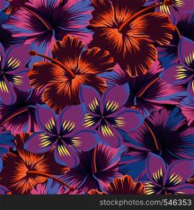 Tropical exotic flowers plumeria and hibiscus abstract color seamless. Vector pattern wallpaper