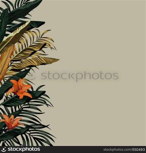 Tropical exotic green, golden banana leaves and orange beauty flowers composition. Vector left border pattern