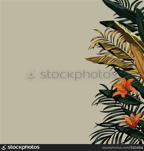 Tropical exotic green, golden banana leaves and orange beauty flowers composition. Vector left border pattern