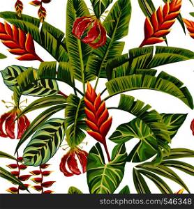 Tropical exotic jungle flowers and leaves seamless white background. Vector pattern wallpaper