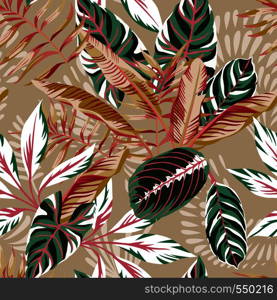 Tropical exotic leaves seamless beige background. Vector summer pattern autumn illustration