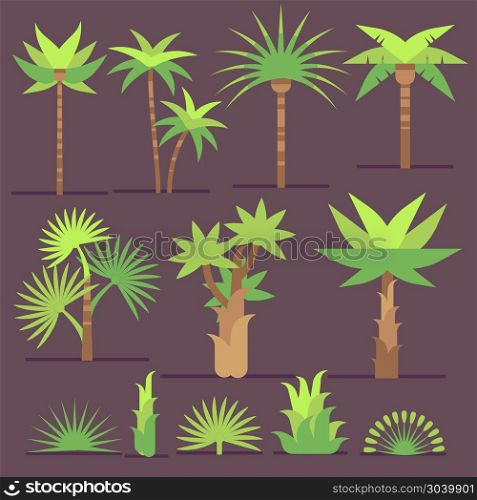 Tropical exotic plants and palm trees vector flat icons. Tropical exotic plants and palm trees vector flat icons. Set of trees with green leaves, illustration of summer tree