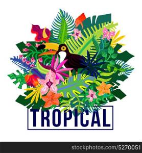 Tropical Exotic Plants Colorful Composition. Tropical island flora and fauna colorful composition poster with exotic plants leaves and orchid flowers vector illustration