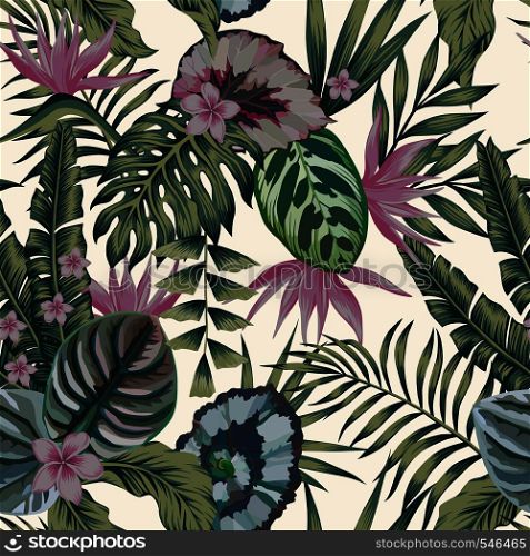 Tropical exotic plants leaves flowers abstract trendy color scheme seamless vector pattern white background