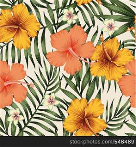 Tropical exotic tender lovely flowers hibiscus pink yellow vintage plumeria color palm leaves green floral summer seamless vector pattern illustration
