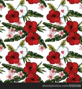 Tropical exotic tender lovely flowers red and white hibiscus vintage color plumeria (frangipani), green palm leaves floral summer seamless vector pattern illustration on the white background.