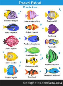 Tropical Fish Icons Set . Exotic tropical fish icons set with fish species flat isolated vector illustration