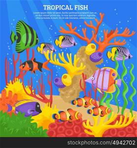 Tropical Fish Sea Background . Tropical fish sea background with corals and water flat vector illustration