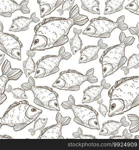 Tropical fish seamless pattern. Fishing hobby or cooking ingredient. Raw product, sea or ocean dweller. Aquarium creature, colorless fresh seafood. Monochrome sketch outline, vector in flat style. Fish aquatic creature, fishing hobby or cooking seamless pattern