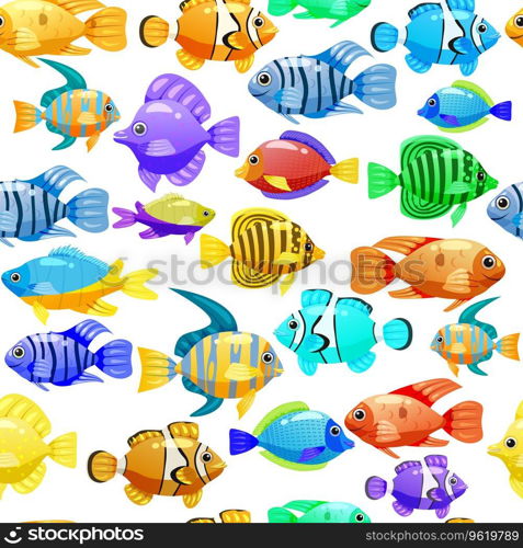 Tropical fishes cartoon seamless pattern. Cute funny underwater characters vector illustration, fabric, paper print, background, textile. Tropical fishes cartoon seamless pattern. Cute funny underwater characters