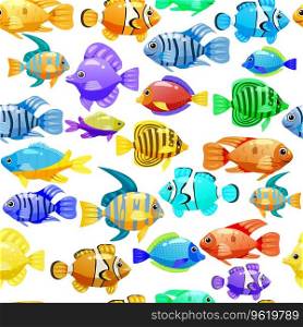 Tropical fishes cartoon seamless pattern. Cute funny underwater characters vector illustration, fabric, paper print, background, textile. Tropical fishes cartoon seamless pattern. Cute funny underwater characters