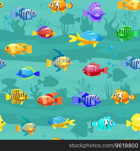 Tropical fishes cartoon seamless pattern. Cute funny underwater characters vector illustration, fabric, paper print, background, textile. Tropical fishes cartoon seamless pattern. Cute funny underwater characters