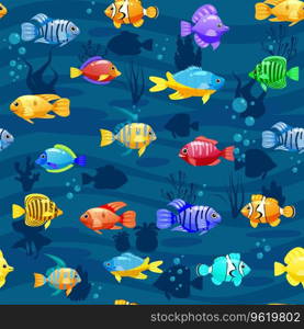 Tropical fishes cartoon seamless pattern. Cute funny underwater characters vector illustration, fabric, paper print, background, textile. Tropical fishes cartoon seamless pattern. Cute funny underwater characters