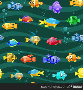 Tropical fishes cartoon seamless pattern. Cute funny underwater characters vector illustration, fabric, paper print, background, textile. Tropical fishes cartoon seamless pattern. Cute funny underwater characters