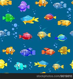 Tropical fishes cartoon seamless pattern. Cute funny underwater characters vector illustration, fabric, paper print, background, textile. Tropical fishes cartoon seamless pattern. Cute funny underwater characters