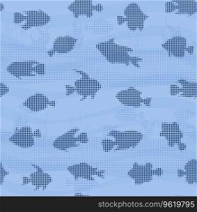 Tropical fishes seamless pattern halftone dots silhouette style. Marine underwater characters vector illustration, fabric, paper print, background, textile. Tropical fishes, seamless pattern halftone dots silhouette style