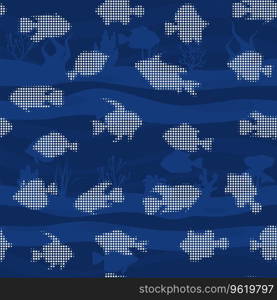 Tropical fishes seamless pattern halftone dots silhouette style. Marine underwater characters vector illustration, fabric, paper print, background, textile. Tropical fishes seamless pattern halftone dots silhouette style