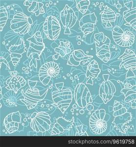 Tropical fishes, seashell lineart seamless pattern. Cute funny underwater characters vector illustration, fabric, paper print, background, textile. Tropical fishes, seashell lineart seamless pattern. Cute funny underwater characters