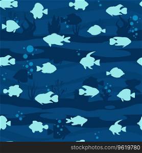 Tropical fishes, seaweed seamless pattern silhouette style. Cute funny underwater characters vector illustration, fabric, paper print, background, textile. Tropical fishes, seaweed seamless pattern silhouette style. Cute funny underwater characters