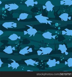Tropical fishes, seaweed seamless pattern silhouette style. Cute funny underwater characters vector illustration, fabric, paper print, background, textile. Tropical fishes, seaweed seamless pattern silhouette style. Cute funny underwater characters