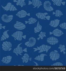 Tropical fishes, shell seamless pattern halftone dots silhouette style. Marine underwater characters vector illustration, fabric, paper print, background, textile. Tropical fishes, shell seamless pattern halftone dots silhouette style