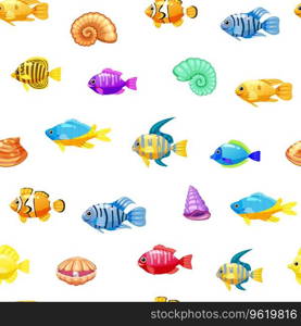Tropical fishes, shells cartoon seamless pattern. Cute funny underwater characters vector illustration, fabric, paper print, background, textile. Tropical fishes, shells cartoon seamless pattern. Cute funny underwater characters