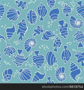 Tropical fishes, shells lineart seamless pattern. Cute funny underwater characters vector illustration, fabric, paper print, background, textile. Tropical fishes, shells lineart seamless pattern. Cute funny underwater characters