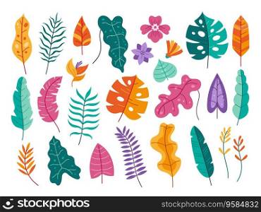 Tropical flora elements. Leaves and flowers of tropical plants isolated flat vector illustration set. Colorful botanical element, forest or Hawaiian foliage of different shape elements. Tropical flora elements. Leaves and flowers of tropical plants isolated flat vector illustration set