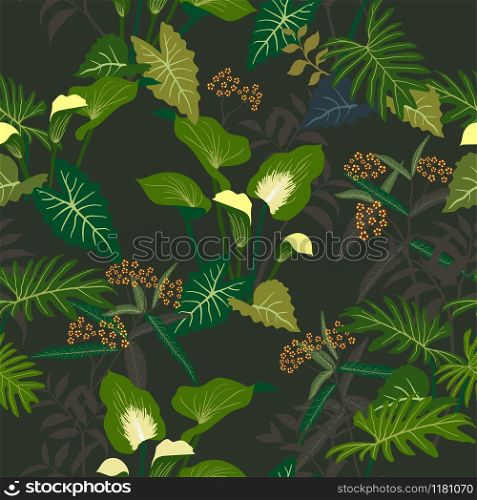 Tropical floral and leaves seamless pattern on dark summer night background,for decorative,fashion,fabric,textile,print or wallpaper,vector illustration