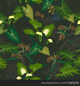 Tropical floral and leaves seamless pattern on dark summer night background,for decorative,fashion,fabric,textile,print or wallpaper,vector illustration