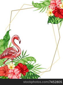 Tropical floral background with pink flamingo, red flowers and green palm leaves. Vector illustration