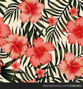 Tropical flower pink hibiscus palm leaves dark green. Exotic vector beach wallpaper seamless pattern