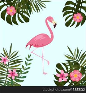 Tropical Flowers and Flamingo Summer Banner, Graphic Background, Exotic Floral Invitation, Flyer or Card.. Tropical Flowers and Flamingo Summer Banner, Graphic Background, Exotic Floral Invitation, Flyer or Card. Modern Front Page in Vector. Cartoon style