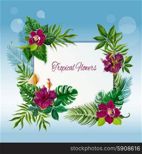 Tropical flowers and leaves frame. Exotic tropical green leaves frame for message or note with hibiscus and orchid flowers abstract vector illustration