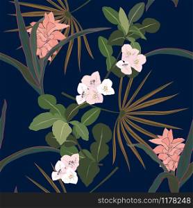 Tropical flowers and leaves on dark summer night seamless pattern,for fashion,fabric,textile,print or wallpaper,vector illustration