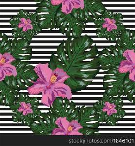Tropical flowers and palm leaves on background. Seamless pattern.. Tropical flowers and palm leaves on background. Seamless.