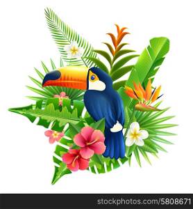 Tropical flowers and plant fronds set with toucan bird vector illustration. Tropical Flowers Illustration