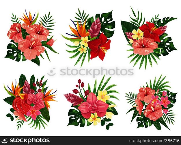 Tropical flowers bouquet. Exotic palm leaves, floral tropic bouquets and tropicals wedding invitation. Hibiscus flower and monstera hawaiian flora green. Vector illustration isolated icons set. Tropical flowers bouquet. Exotic palm leaves, floral tropic bouquets and tropicals wedding invitation vector illustration set