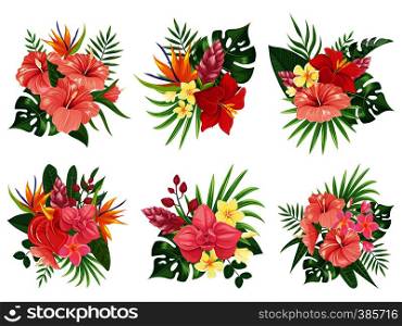Tropical flowers bouquet. Exotic palm leaves, floral tropic bouquets and tropicals wedding invitation. Hibiscus flower and monstera hawaiian flora green. Vector illustration isolated icons set. Tropical flowers bouquet. Exotic palm leaves, floral tropic bouquets and tropicals wedding invitation vector illustration set