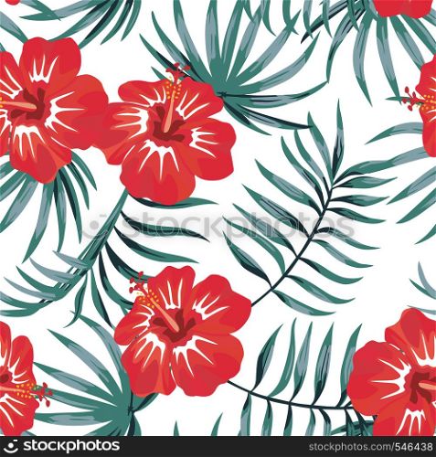 Tropical flowers hibiscus and leaves vector background seamless texture white background beach floral ornament design