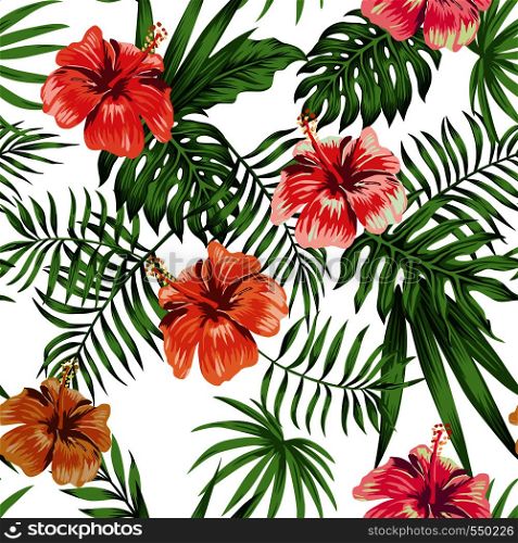 Tropical flowers hibiscus orange red purple green leaves seamless pattern white background. Exotic fabric wallpaper illustration